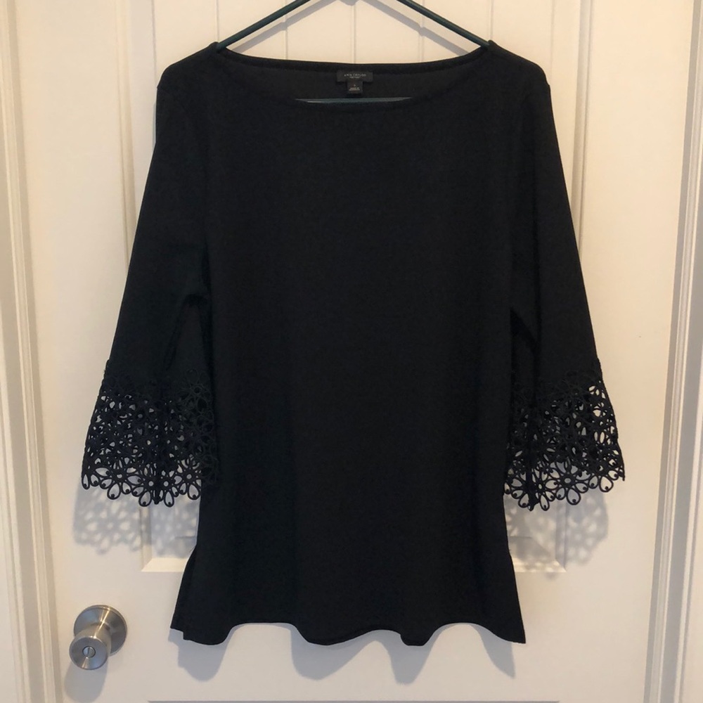Ann Taylor Factory Black Crochet Bell Sleeve Tunic